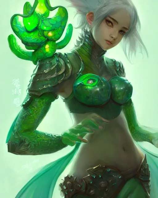 Prompt: concept art of a dragon girl hybrid, wearing tight medival armour, holding a green bioluminescent flower | | cute - fine - fine details by stanley artgerm lau, wlop, rossdraws, james jean, andrei riabovitchev, marc simonetti, and sakimichan, trending on artstation