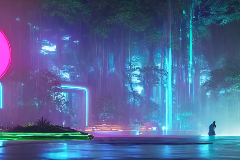 Prompt: wide shot of a futuristic rgb with neon strip lights Singaporean forest, waterfalls, octane render, by James Jean, award winning, artstation