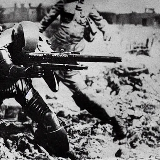 Image similar to iron man shooting machine guns against nazi germany on the bloody muddy battlefield of world war