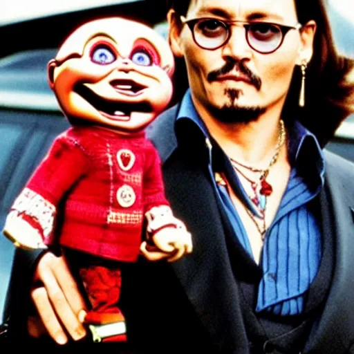 Image similar to Johnny Depp holding Chucky the killer doll