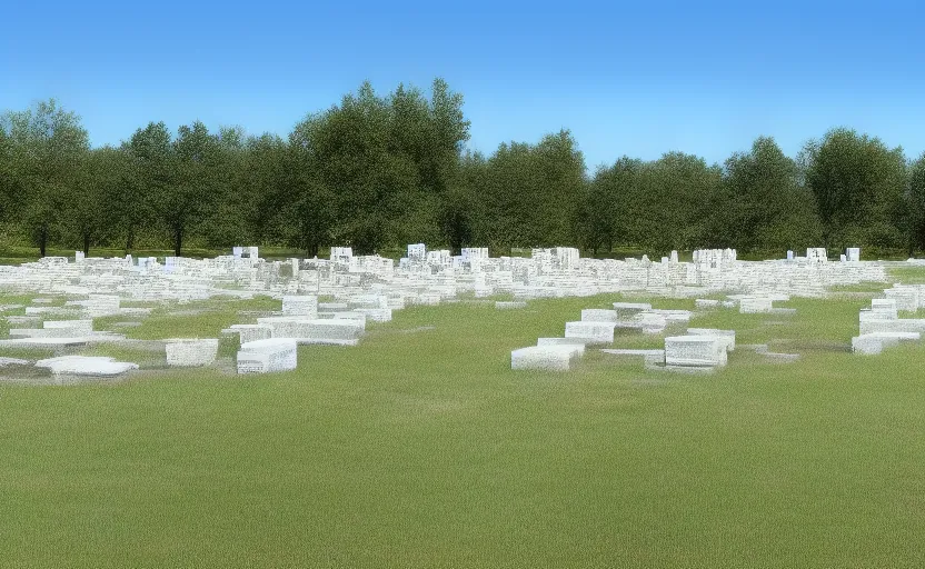 Prompt: a line of large white concrete blocks sitting on an infinite grassy plain