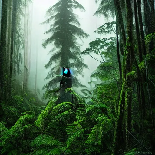 Image similar to a full length portrait of a giant autonomous spaceman in a misty rainforest, surrounded by lush ferns and fir trees. surrounded by mountains and clouds and mist. featured on
