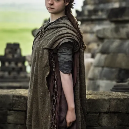 Prompt: elegant arya stark, 1 6 years old, photograph 3 5 mm, shot from game of thrones, at borobudur, artstation