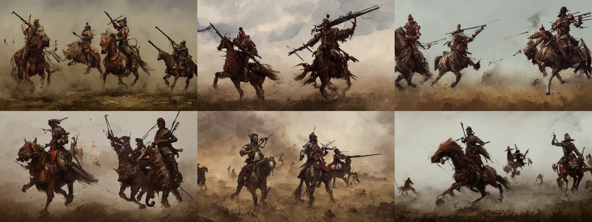 Prompt: turkic horse riders shooting guns, papyrus, watercolored, high quality, jakub rozalski, dieselpunk, concept art, trending on artstation