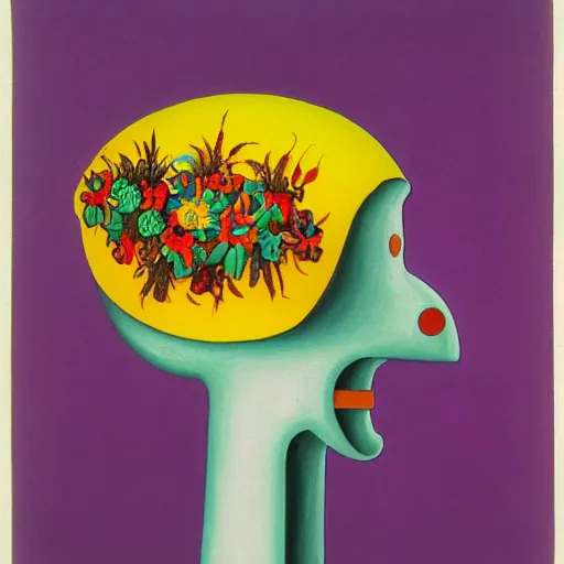 Prompt: a colorful painting by m. c. escher of a happy robot head with flowers growing out of the top