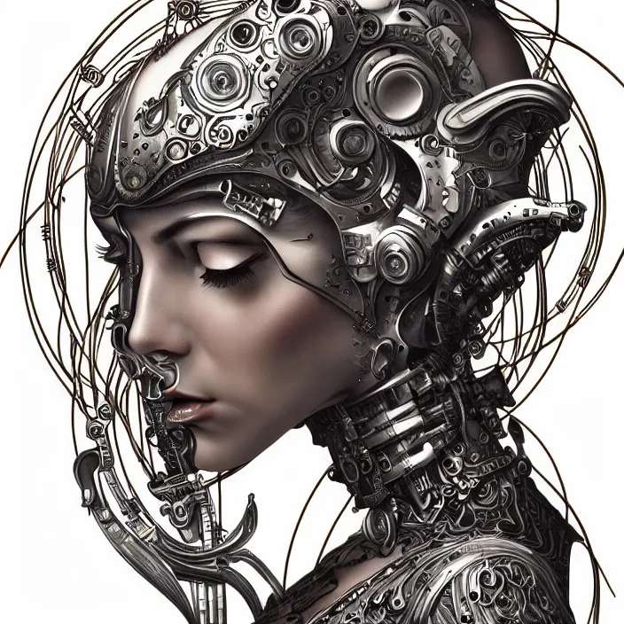 Image similar to ultra realistic illustration of a retro futuristic female cyborg punk art nouveau filgree scrollwork, masterpiece, intricate, highly detailed, sharp