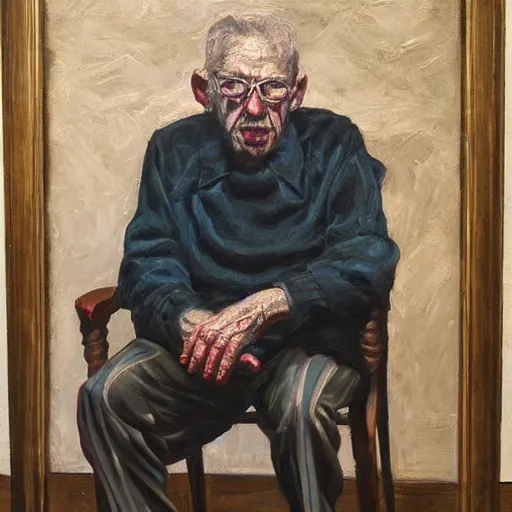 Image similar to macabre magic realism portrait old man sitting in chair : : oil painting by ivan albright