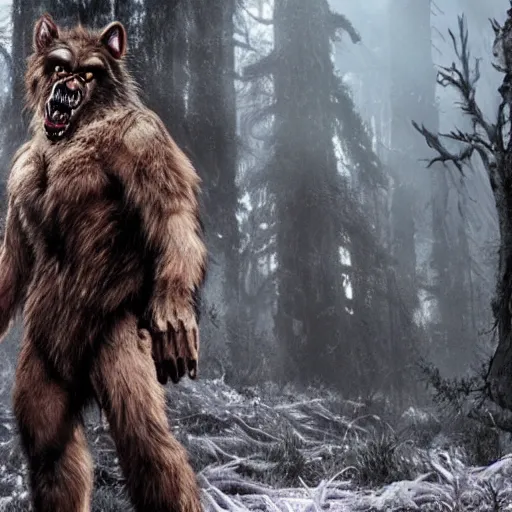 Image similar to furry anthro epic film still cinematic full body realistic werewolf from the movie Van Helsing forest in background