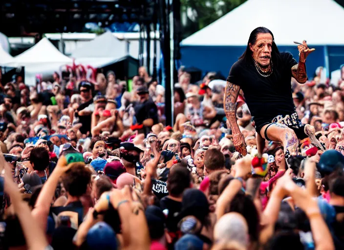 Image similar to photo still of danny trejo at vans warped tour!!!!!!!! at age 6 3 years old 6 3 years of age!!!!!!! stage diving at a crowd, 8 k, 8 5 mm f 1. 8, studio lighting, rim light, right side key light