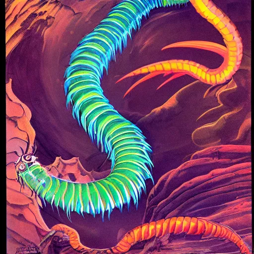 Prompt: a gigantic colorful transparent centipede flying over a chasm, frills, fins, rainbow, antennae, dark, frank frazetta