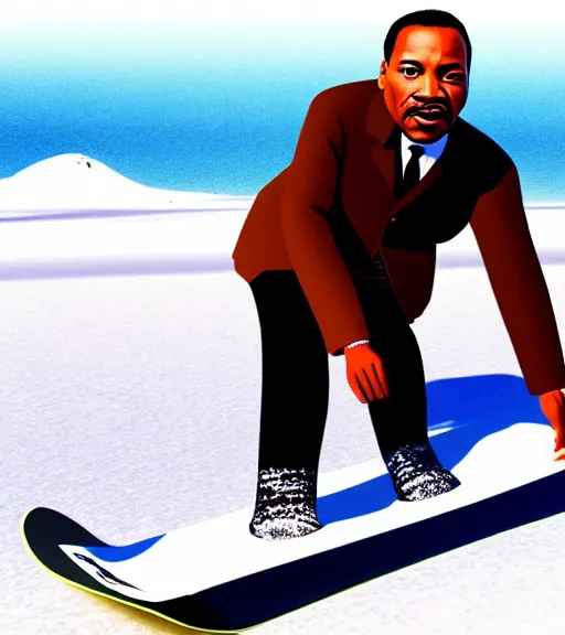 Image similar to martin luther king riding a snowboards in summer on the beach, photorealistic, 4 k, sharp, highly detailed,