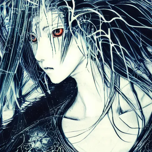 Image similar to Yoshitaka Amano blurred and dreamy illustration of an anime girl with wavy white hair and cracks on her face wearing Elden ring armour with the cape fluttering in the wind, abstract black and white patterns on the background, noisy film grain effect, highly detailed, Renaissance oil painting, weird portrait angle