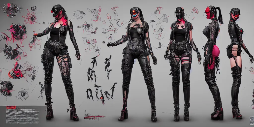 Image similar to cyberpunk harley quinn, character sheet, concept design, contrast, hot toys, kim jung gi, greg rutkowski, zabrocki, karlkka, jayison devadas, trending on artstation, 8 k, ultra wide angle, pincushion lens effect