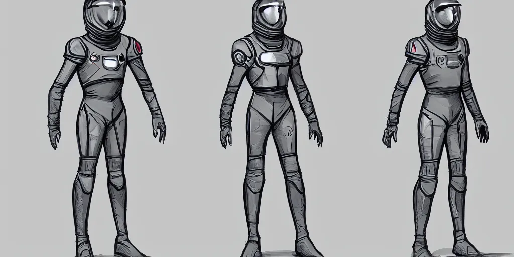 Image similar to male, space suit, character sheet, concept art, stylized, large shoulders, long thin legs, exaggerated proportions, concept design