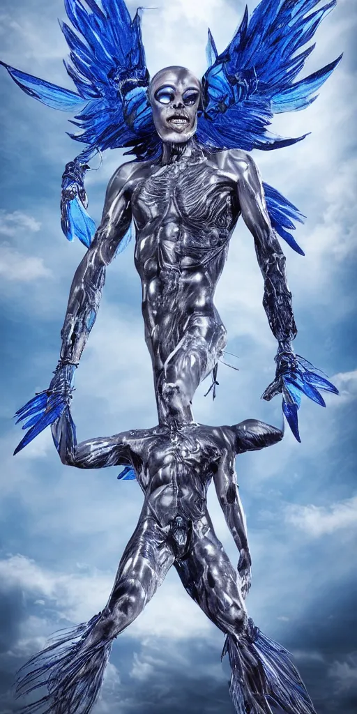 Image similar to full body male alien with cyberangel wings, tattoos cover all over him blue skin in a terrifying pose, transparent silk outfit flowing in the wind by bruce labruce, digital art, redshift render, hyperrealistic