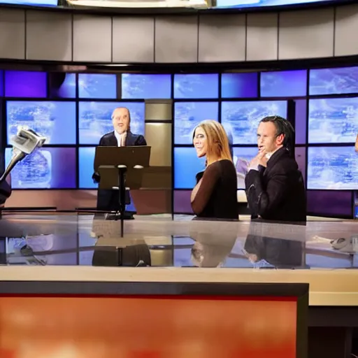 Prompt: photo of a morning television newscast with tweaked out hosts