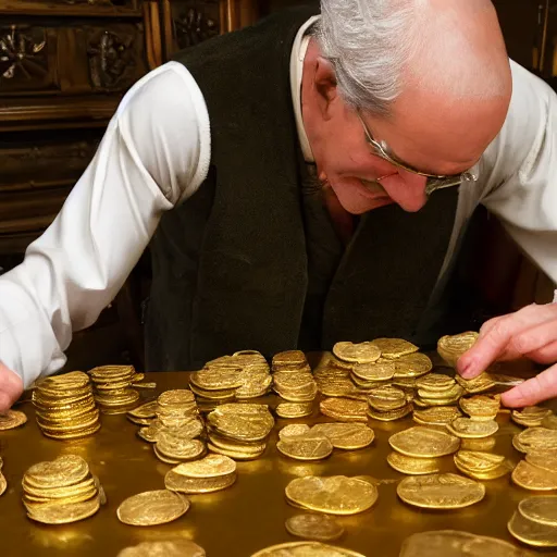 Image similar to a closeup photorealistic photograph of a happy George Washington inspecting small gold Doubloon coins at his home on Cherry Street. This 4K HD image is Trending on Artstation, featured on Behance, well-rendered, extra crisp, features intricate detail and the style of Unreal Engine.