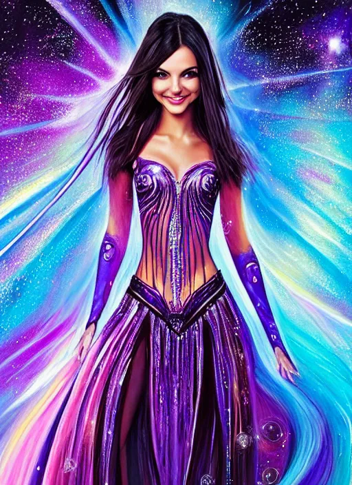 Image similar to elegantly sweet Victoria Justice as empress of pulsar stars. ultra detailed painting at 16K resolution and amazingly epic visuals. epically beautiful image. amazing effect, image looks gorgeously crisp as far as it's visual fidelity goes, absolutely outstanding. vivid clarity. ultra. iridescent. mind-breaking. mega-beautiful pencil shadowing. beautiful face. Ultra High Definition. godly shading diffusion. amazingly crisp sharpness. photorealistic 3D rendering on film cel processed twice..