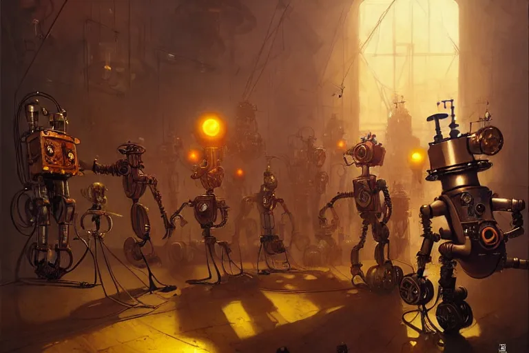 Prompt: steampunk robots dancing by otto dix and greg rutkowski and andreas rocha, cinematic lighting, highly detailed, warm colours, 4 k