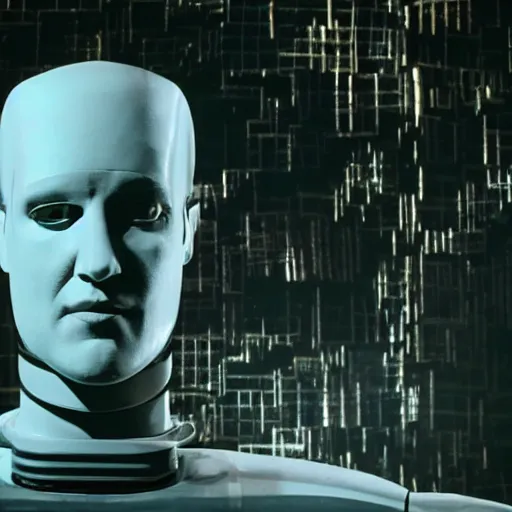 Prompt: movie scene of a man with a robot head, acting, movie still, cinematic lighting, Movie by David Lynch