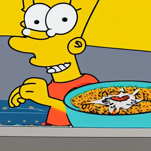 Image similar to bart simpson being steamed alive in lake of beans and rice 4k