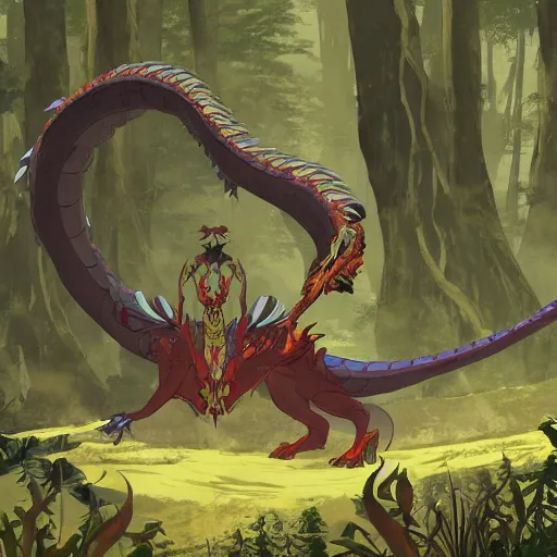 Prompt: concept art painting of an anthropomorphic dragon king with robes, a long dragon neck, and skull mask, in a deep forest, cel shaded, in the style of makoto shinkai and james gurney and studio ghibli and moebius