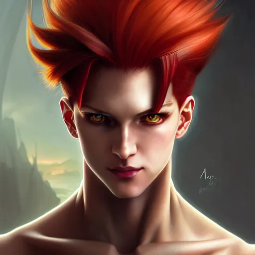 Prompt: portrait of hisoka morow hunter hunter, male, extremely sharp jaw yellow eyes narrow sultry eyes red hair soft bunched hair swept back crimson medium length hair, anime, fantasy, intricate, elegant, highly detailed, digital painting, artstation sharp focus, madonna art by artgerm and greg rutkowski and alphonse mucha