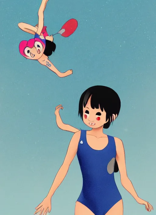 Image similar to a perfect professional digital sketch of a funny and cute Japanese young woman wearing one-piece sport swimsuit leotard, in style of Disney Pixar, CalArts