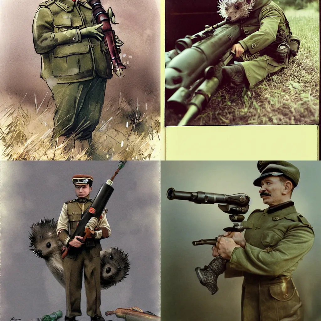 Prompt: anthropomorphic hedgehog!!!! as oversized muscular war general in war general uniform with bazooka, secretly on a village, Cinematic focus, Polaroid photo, vintage, neutral colors, soft lights, foggy, by Steve Hanks, by Serov Valentin, by lisa yuskavage, by Andrei Tarkovsky