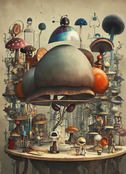 Image similar to a lively and whimsical dark apothecary, cinematic framing, where chrome robots shop grows from the stalk of a giant mushroom, cgsociety, siggraph, dystopian scifi, concept art, set design, oleg oprisco, conrad roset, anka zhuravleva, gediminas pranckevicius, cornell, kawasaki