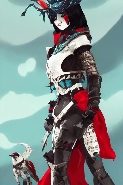 Image similar to female adventurer in tight full - body teal leather armor of japanese design with red accents and a white porcelain crow mask, trending in artstation, japanese, artstation, big moon in the background, establishing shot