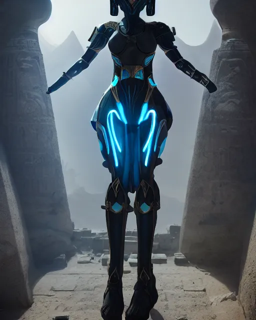 Image similar to android girl in egyptian ruins, warframe armor, white hair, atmosphere, glow, detailed, intricate, beautiful face, cinematic lighting, trending on artstation, blue eyes, 4 k, focused, extreme details, cinematic, masterpiece, by akihito tsukushi