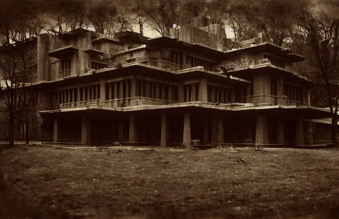 Image similar to symbolic intact flawless ambrotype from 4 k criterion collection remastered cinematography gory horror film, ominous lighting, evil theme wow photo realistic postprocessing prussian film wanders in disconsolate disarray grand in effect and erudite in detail building by frank lloyd wright