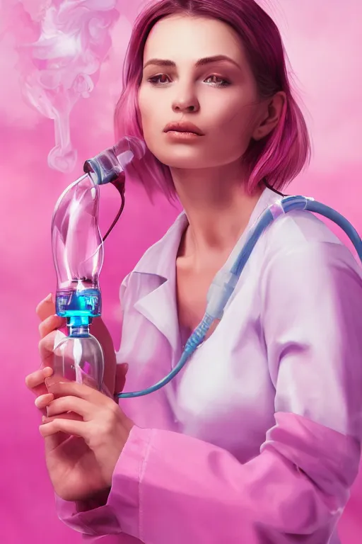 Prompt: Beautiful Woman Using a Pink Vapor Inhalation Machine Connected to a Spherical Bottle of Pink Liquid by a Tube, Pink Vapor Leaking from an Oxygen Mask, fantasy, magic, ultra detailed, digital art, trending on artstation, illustration, medical laboratory