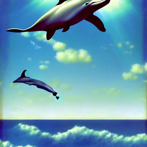 Prompt: a dolphin jumping in the air over the ocean, a hologram by rene magritte, cgsociety, computer art, seapunk, vaporwave, chillwave