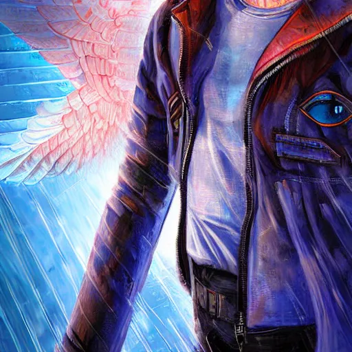 Prompt: young man with wings of pure blue energy soaring in a cyberpunk city, highly detailed, realistic, symmetrical face, art by digital painting,