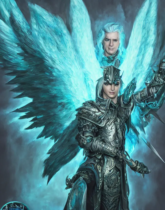 Prompt: An epic fantastic realism comic book style portrait painting of one male hexblade warlock aasimar, massive angel wings, teal energy, silver hair, middle aged, 8k, 4k, D&D Concept Art, unreal 5, DAZ, hyperrealistic, octane render, cosplay, RPG portrait, dynamic lighting