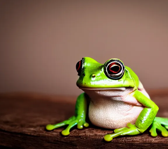 Image similar to photo of a cute frog, sitting on top of his cute mushroom friend, various poses, soft light, faded colors, well framed, sharp focus, 8 k