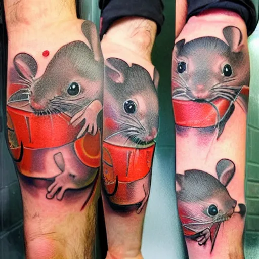 Prompt: tattoo of 3 rats cut in half with money, red, orange, green, grey and white ink, detailed, hyperrealistic trending on artstation