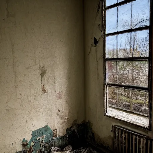 Prompt: a photo of an abandoned room with deteriorating walls and broken windows