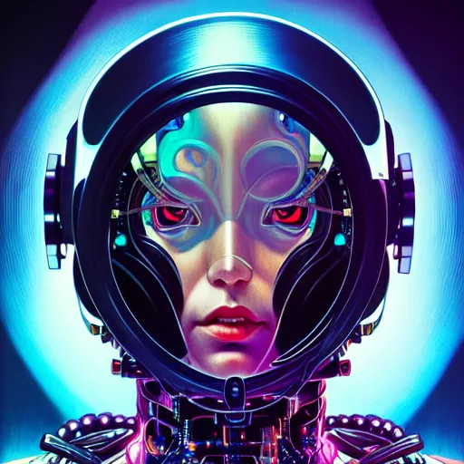 Prompt: high quality high detail portrait of a cybernetic queen diesel punk character in an futuristic world, tristan eaton, victo ngai, artgerm, rhads, ross draws, hyperrealism, intricate detailed, alphonse mucha, pastel colors, ghost in the shell, artstation,