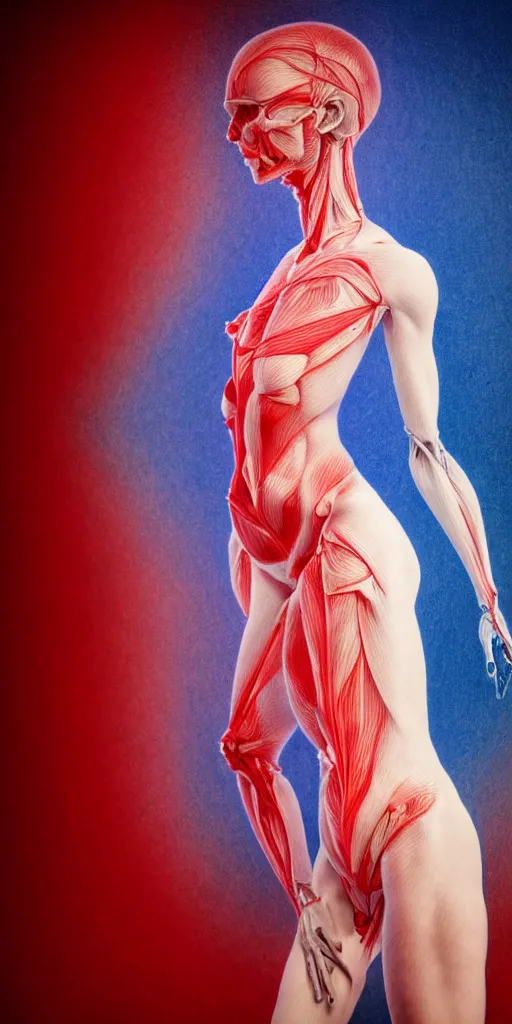 Image similar to poster design, full body anatomical model, 3 d photographic render of a deconstructed asymmetric human anatomical correct human body, in hoc signo vinces, waterfall, in the style of leonora carrington, gottfried helnwein, intricate composition, blue light by caravaggio, insanely quality, highly detailed, masterpiece, red light, artstation
