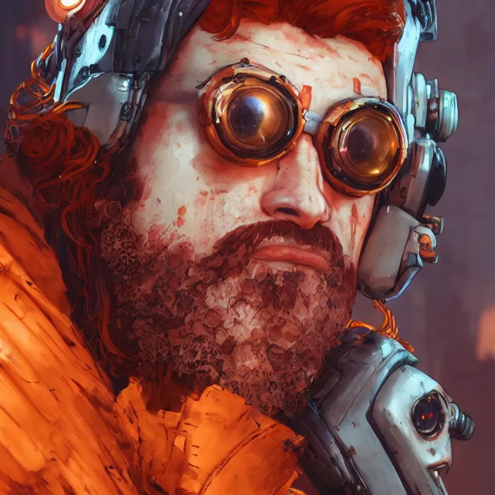 Image similar to cyberpunk portrait of curly orange hair man from borderlands 3, au naturel, hyper detailed, digital art, trending in artstation, cinematic lighting, studio quality, smooth render, unreal engine 5 rendered, octane rendered, art style by klimt and nixeu and ian sprigger and wlop and krenz cushart.