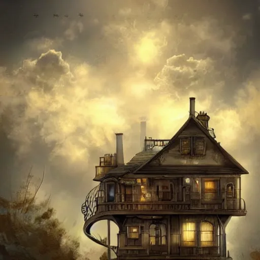 Prompt: A Steampunk house floating next to wispy clouds in the sky. Trending on art station.