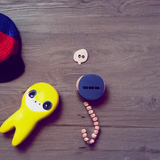 Image similar to wooden toy, tamagotchi, hat, big eyes