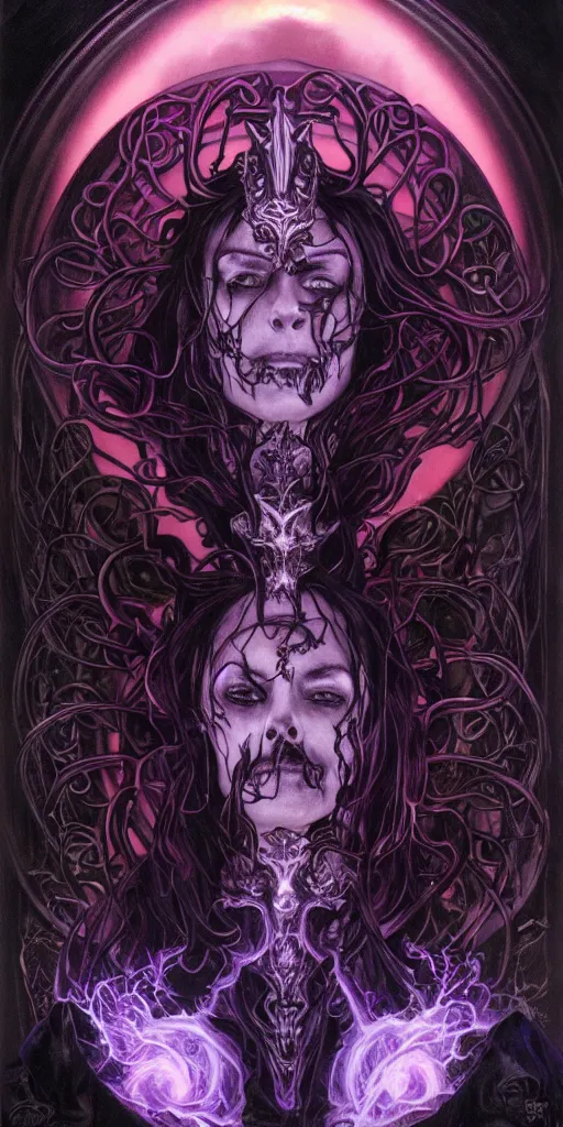 Image similar to intense glowing black metal pagan god with horns and veins and intense glowing eyes and a skull in very dark cosmic space by karol bak and artgerm and alphonse mucha, portrait, fantasy, clear, light beams, lens flare, intense, uhd, amazing depth, cinematic lighting, purple and violet and indigo and blue