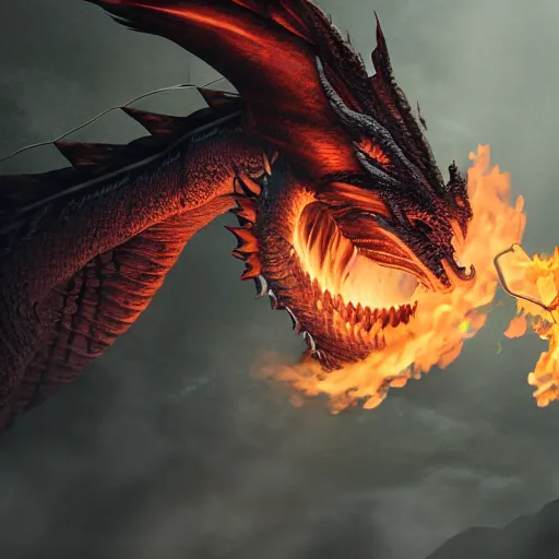 Prompt: dragon that blows fire on himself, photorealistic, 4 k