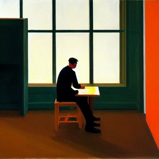 Image similar to painting of a lonely man, sitting at his desk in an empty, huge office, in the style of edward hopper