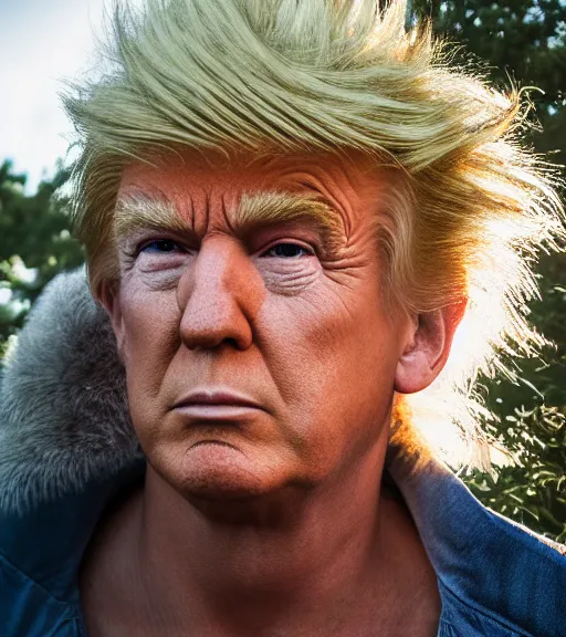 Image similar to award winning 5 5 mm close up portrait color photo of super saiyan trump, in a park by luis royo. soft light. sony a 7 r iv