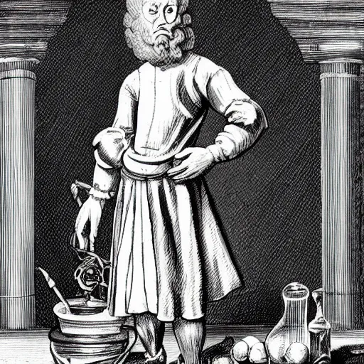 Prompt: a 17th-century alchemist who has 2 bubbling potion bottles :: black and white, head and torso drawing, very high quality, concept art